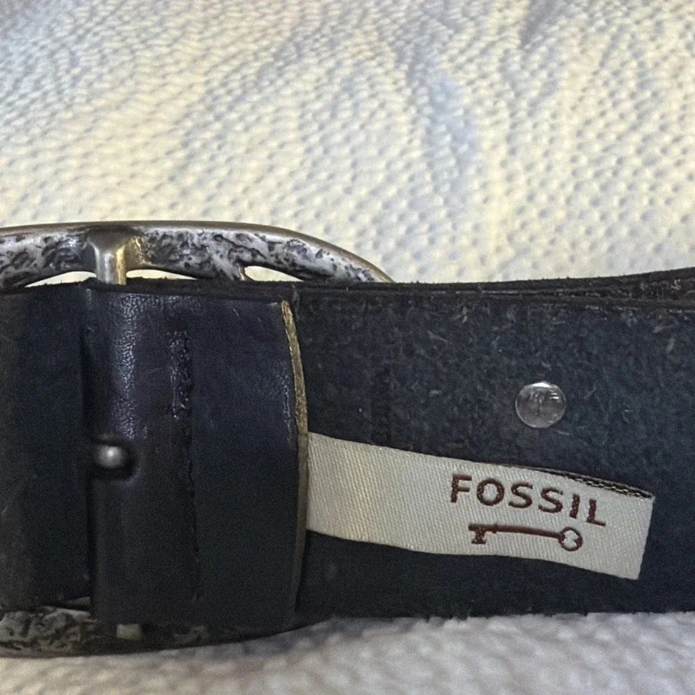 Fossil Wide Black Leather Belt Silver Buckle Size Large